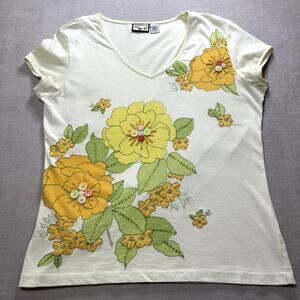 Caribbean Joe Floral Embellished Shirt Embroidery Button Accent PM Petite Medium